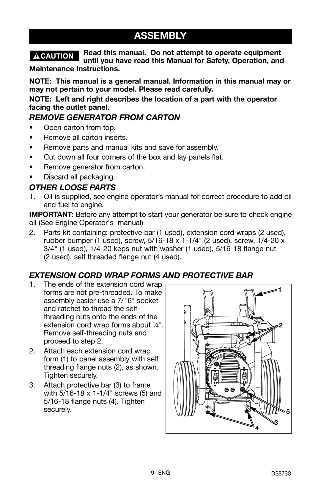 Porter-Cable D28733-034-0, PGN350 instruction manual Assembly, Remove Generator from Carton, Other Loose Parts 