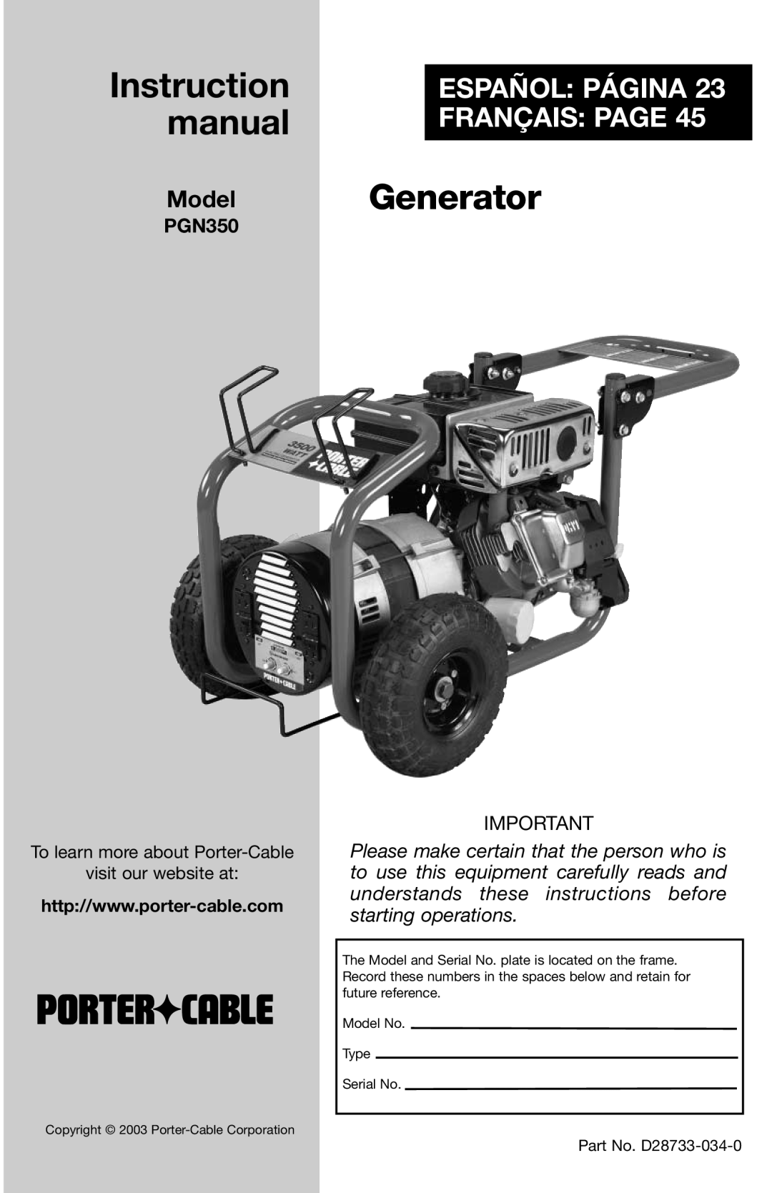 Porter-Cable D28733-034-0 instruction manual Español Página Français Page, Model, PGN350, Instruction manual, Generator 