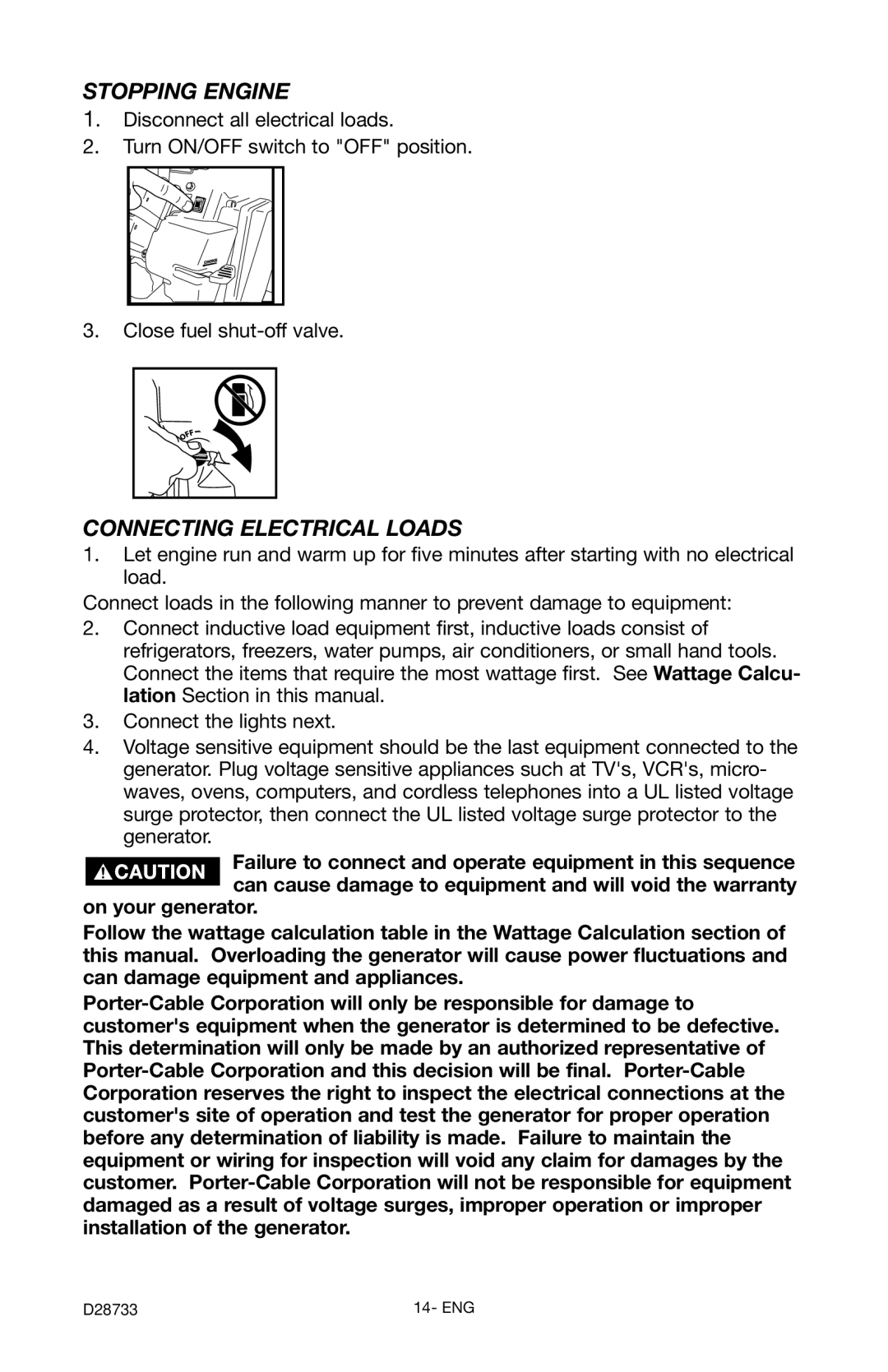 Porter-Cable PGN350, D28733-034-0 instruction manual Stopping Engine, Connecting Electrical Loads 