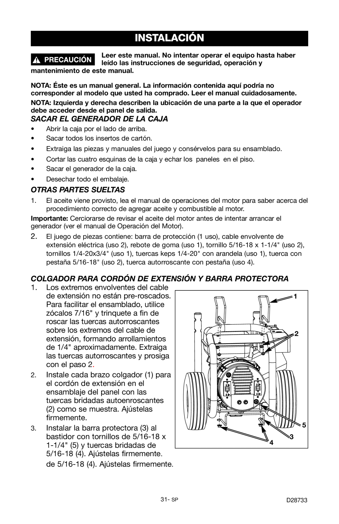 Porter-Cable D28733-034-0, PGN350 instruction manual Instalación, Sacar El Generador De La Caja, Otras Partes Sueltas 