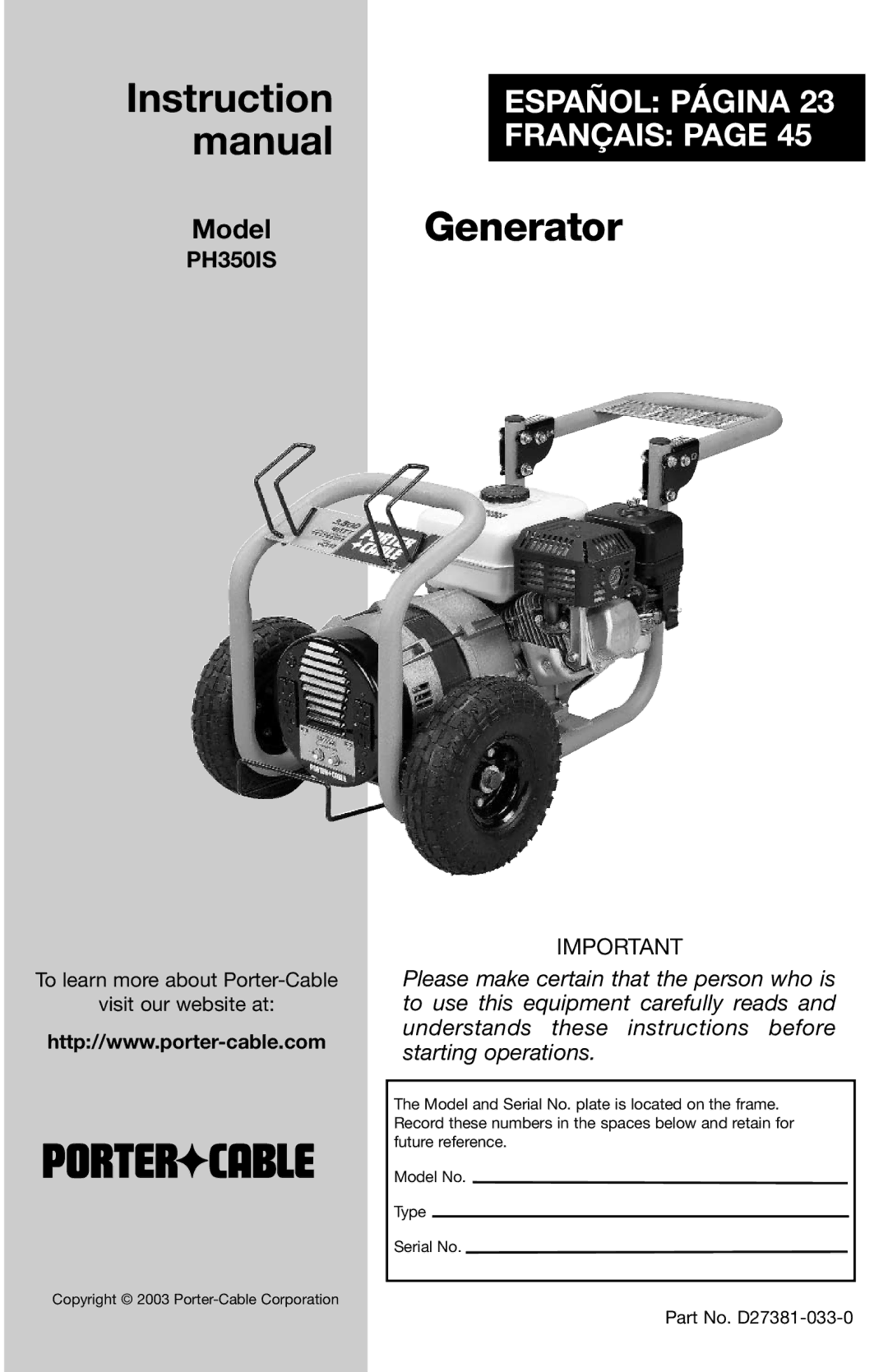 Porter-Cable PH350IS instruction manual Generator 