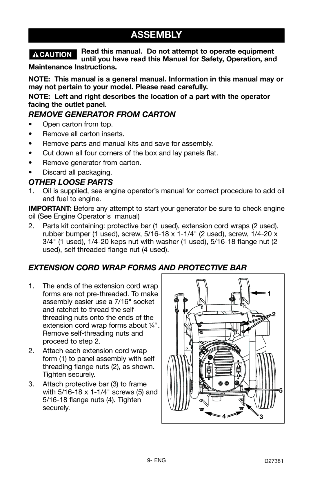 Porter-Cable PH350IS instruction manual Assembly, Remove Generator from Carton, Other Loose Parts 