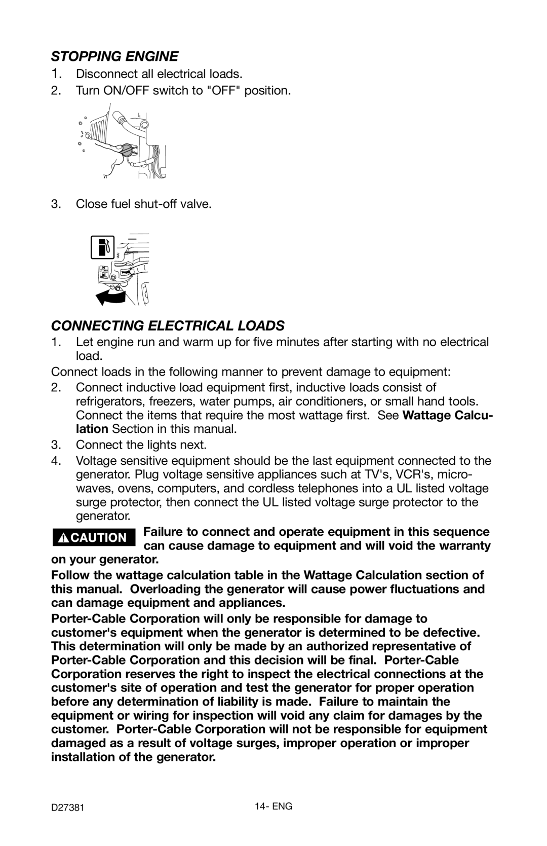 Porter-Cable PH350IS instruction manual Stopping Engine, Connecting Electrical Loads 