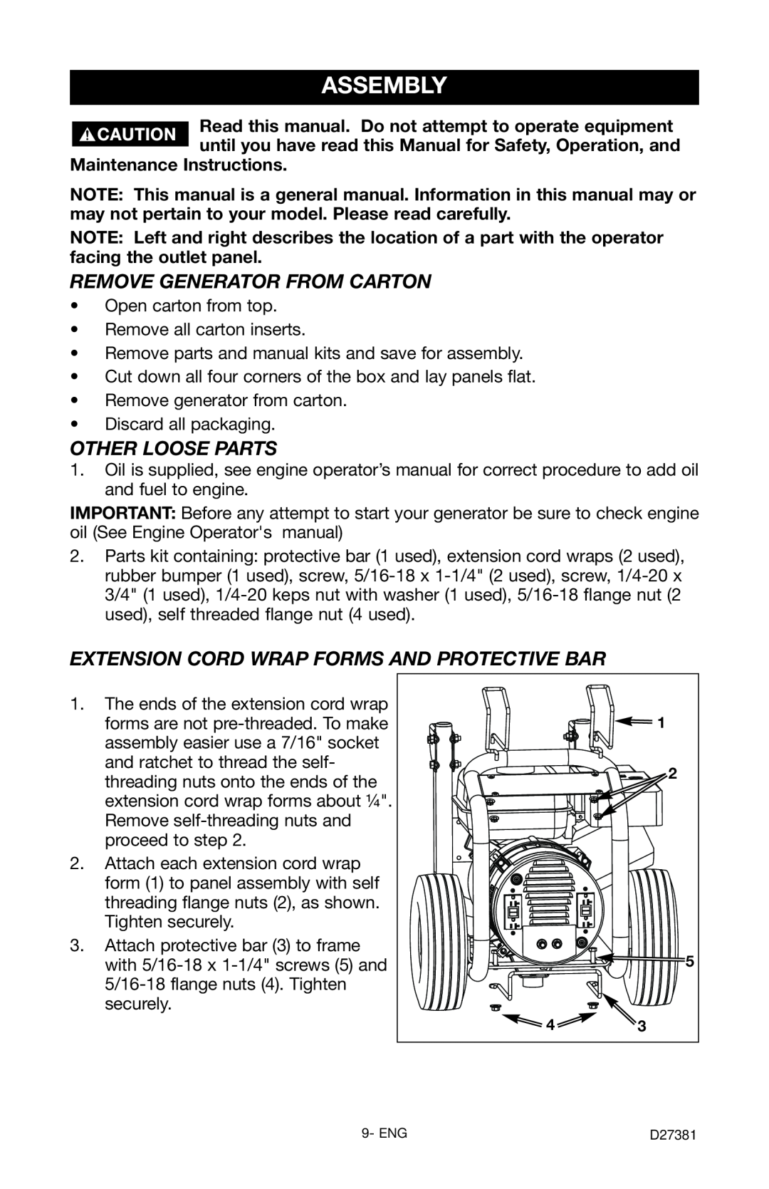 Porter-Cable PH350IS instruction manual Assembly, Remove Generator From Carton, Other Loose Parts 