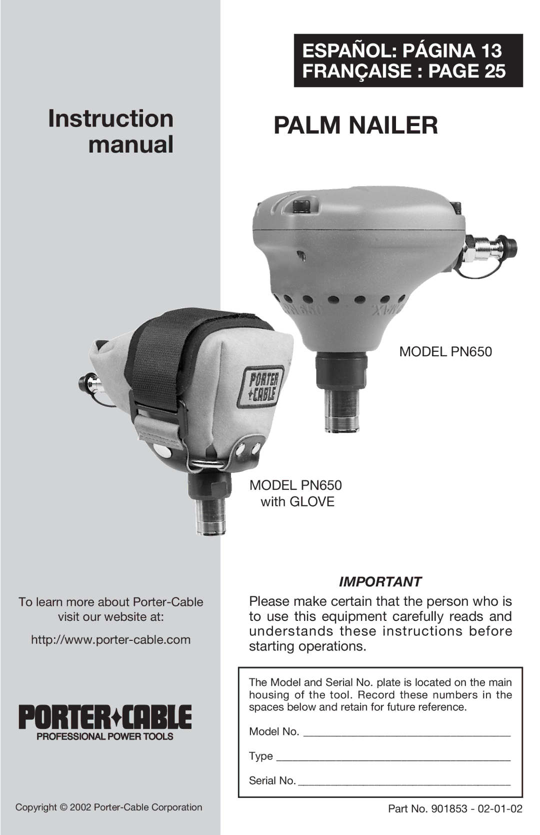 Porter-Cable PN650 instruction manual Palm Nailer 