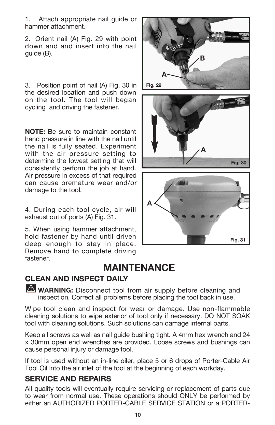 Porter-Cable PN650 instruction manual Maintenance, Clean and Inspect Daily, Service and Repairs 