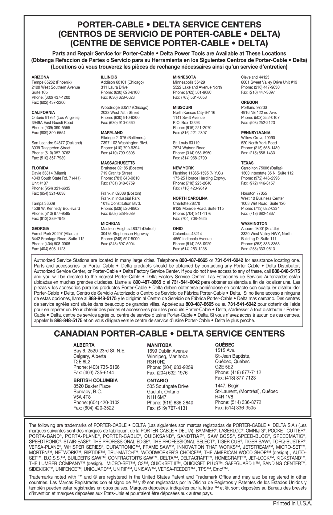 Porter-Cable PN650 instruction manual Canadian PORTER-CABLE Delta Service Centers 