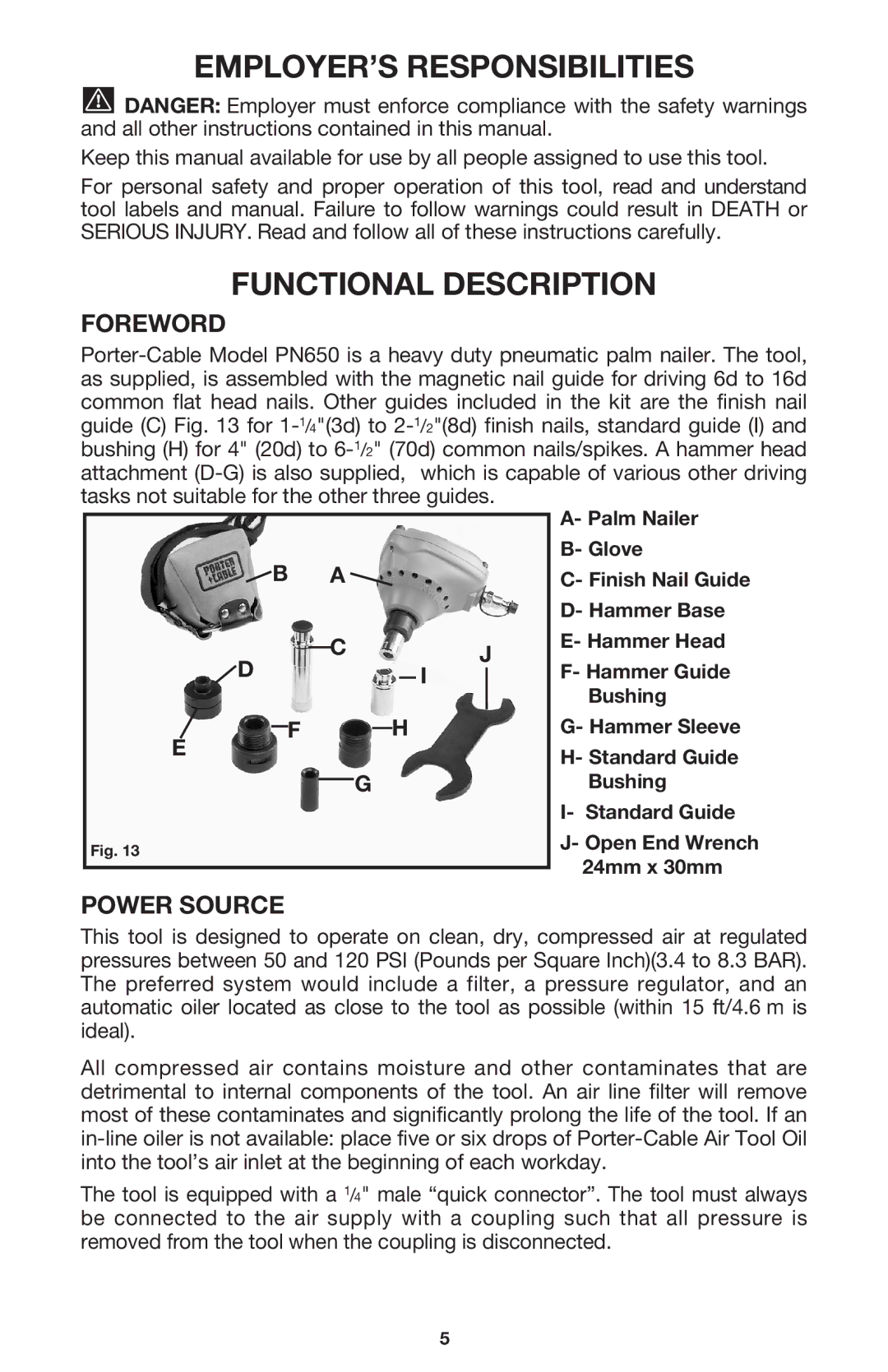 Porter-Cable PN650 instruction manual EMPLOYER’S Responsibilities, Functional Description, Foreword, Power Source 