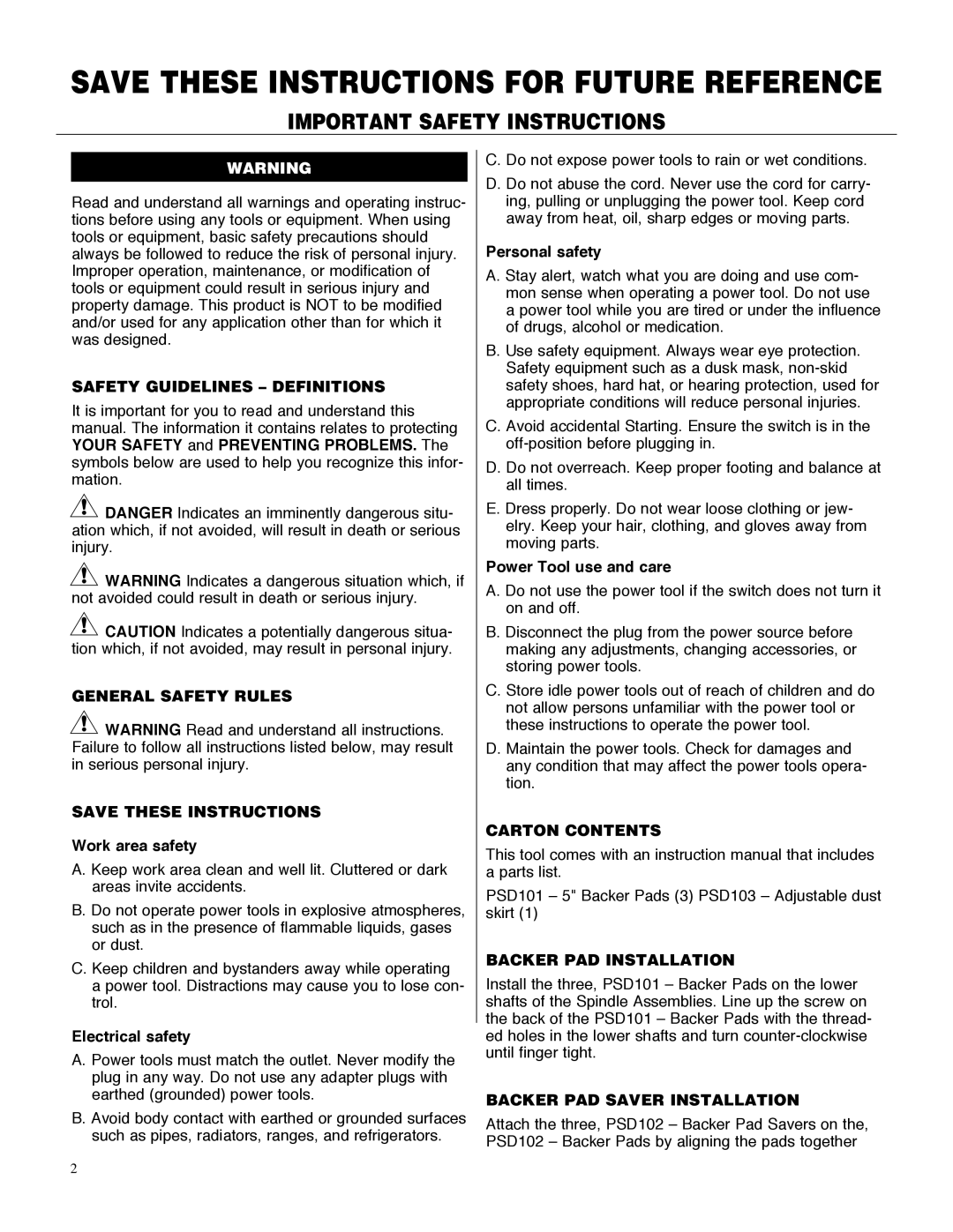 Porter-Cable PSDMNI manual Safety Guidelines Definitions, General Safety Rules, Carton Contents, Backer PAD Installation 