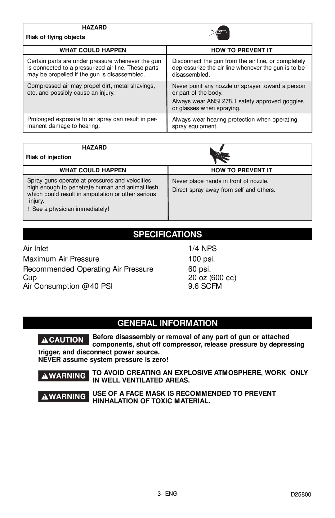 Porter-Cable PSH3 instruction manual Specifications, General Information 