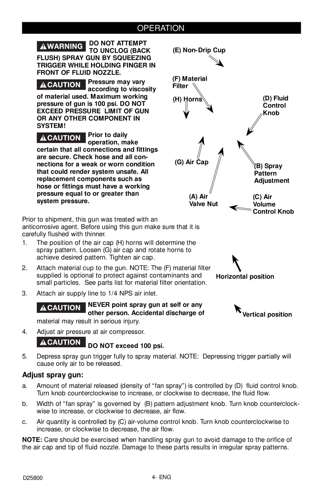 Porter-Cable PSH3 instruction manual Operation, Adjust spray gun 