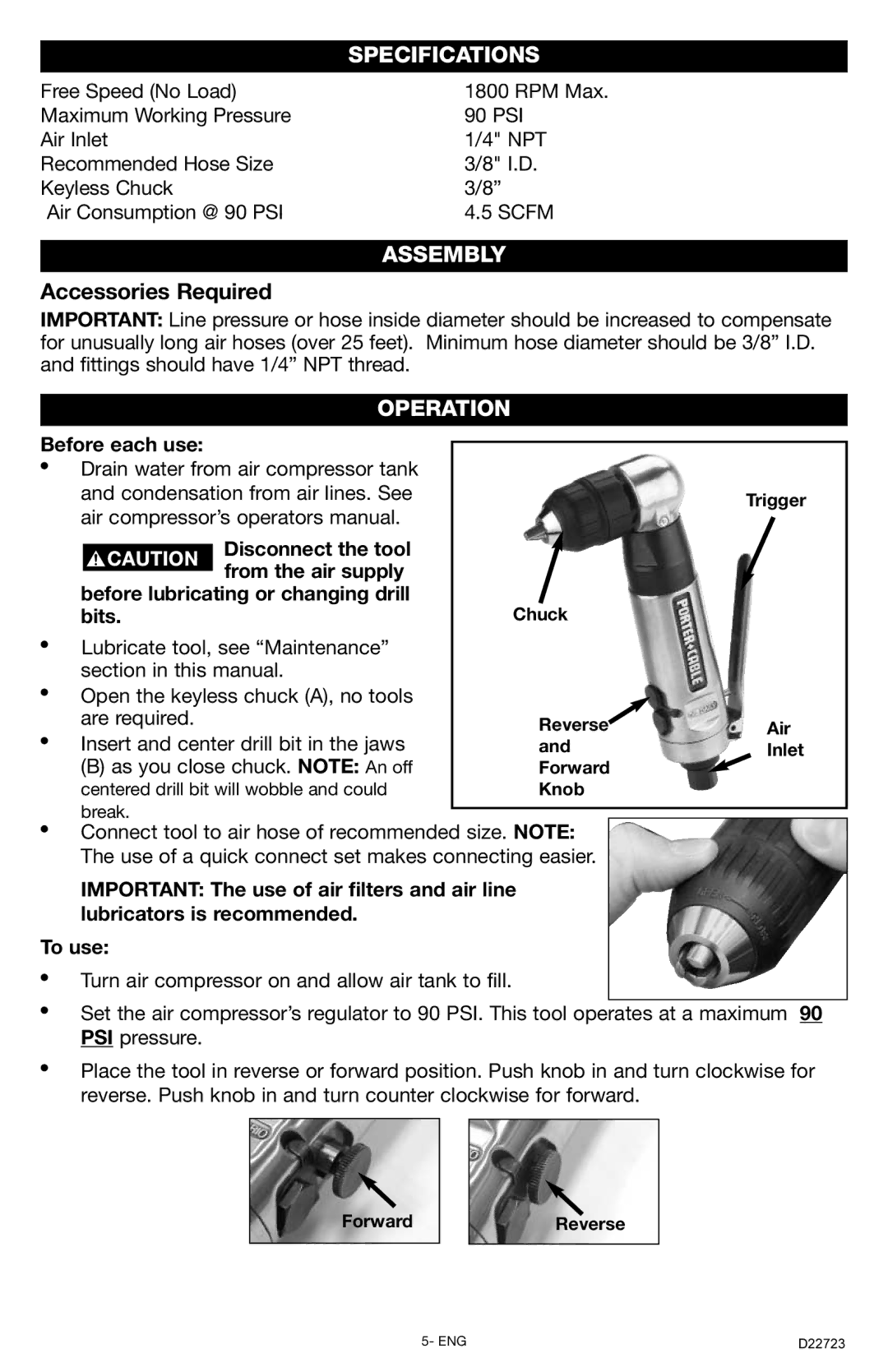 Porter-Cable PTD381 instruction manual Specifications, Assembly, Accessories Required, Operation 