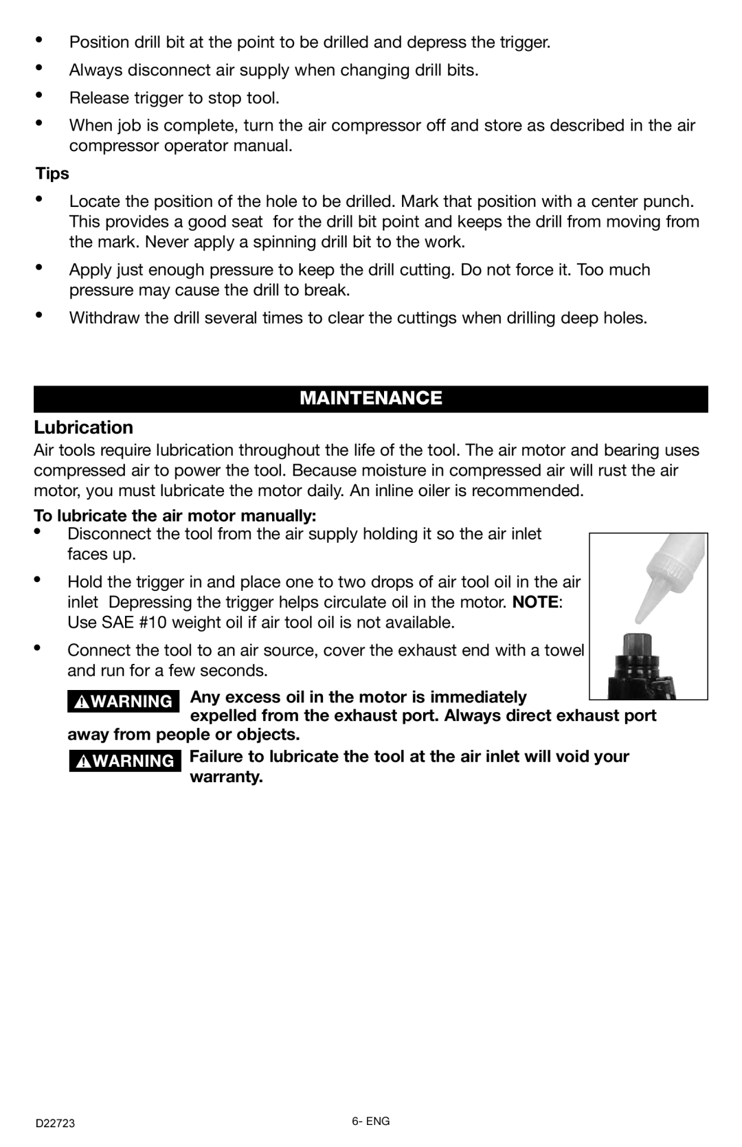 Porter-Cable PTD381 instruction manual Maintenance, Lubrication, Tips, To lubricate the air motor manually 