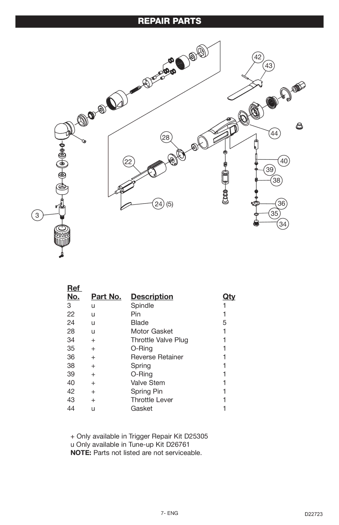 Porter-Cable PTD381 instruction manual Repair Parts, Description Qty 