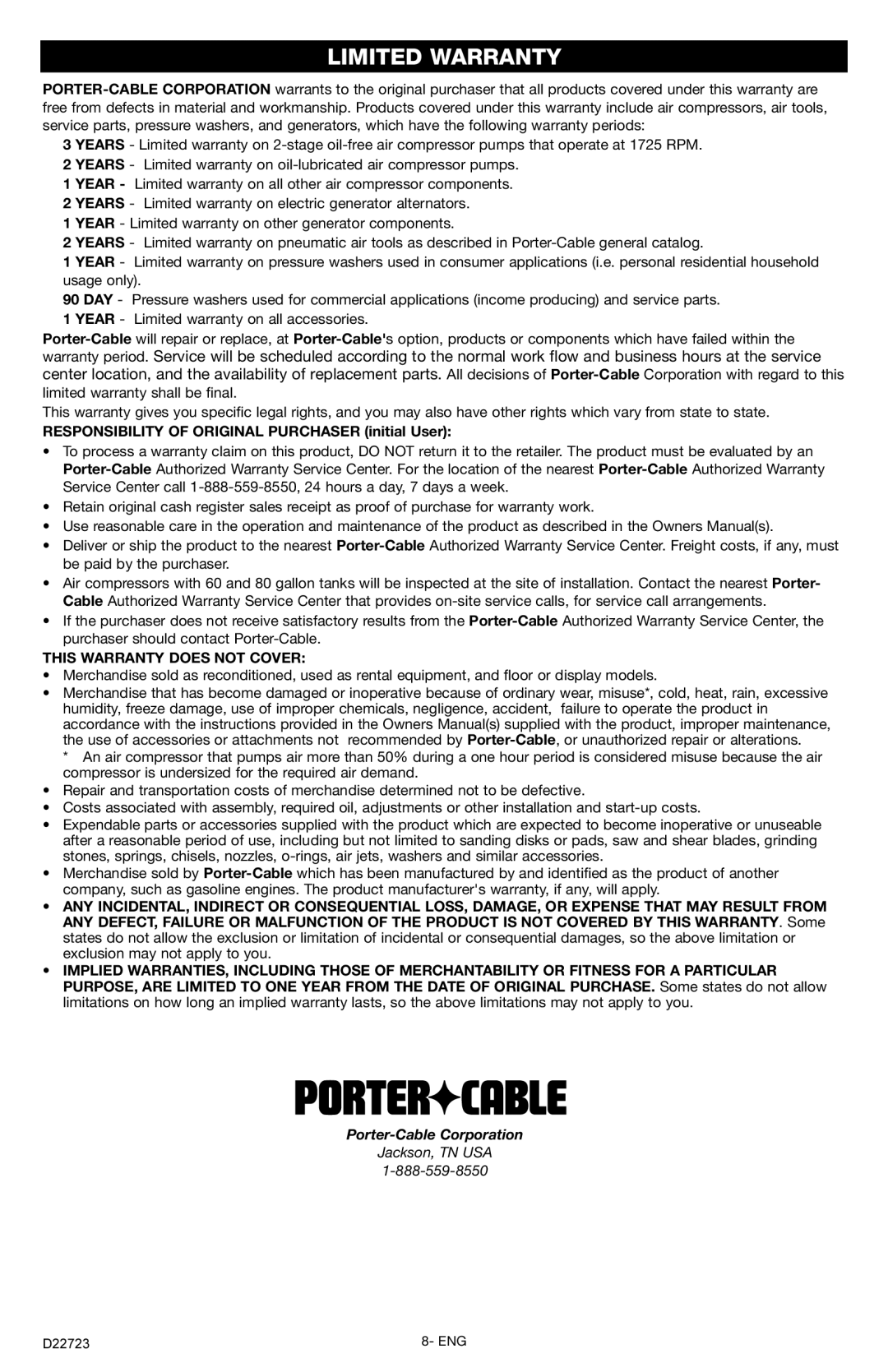 Porter-Cable PTD381 instruction manual Limited Warranty, This Warranty does not Cover 