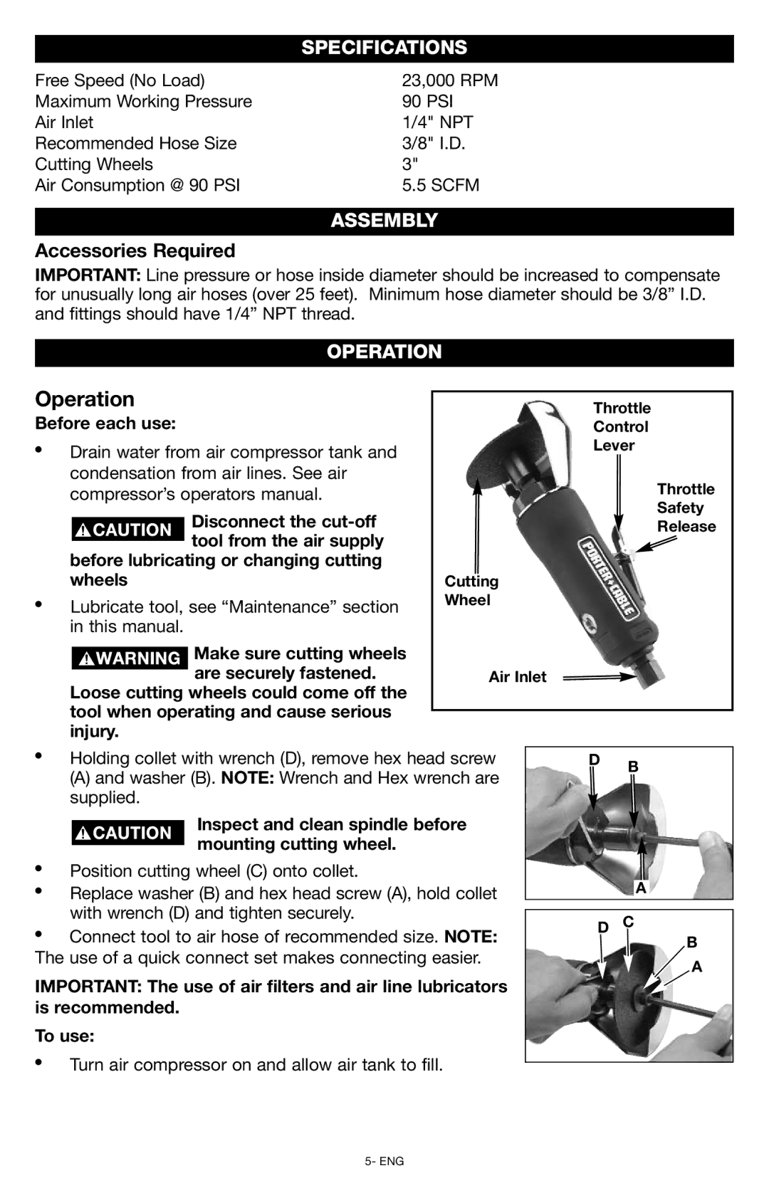 Porter-Cable PTX3 instruction manual Operation, Specifications, Assembly 