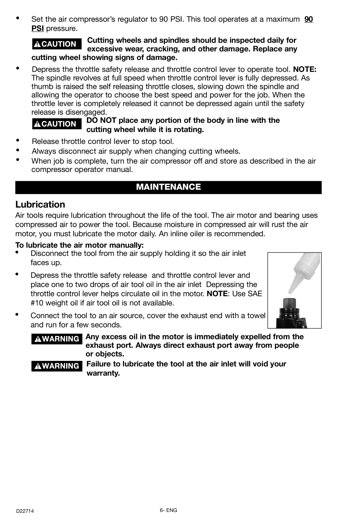 Porter-Cable PTX3 instruction manual Lubrication, Maintenance, To lubricate the air motor manually 