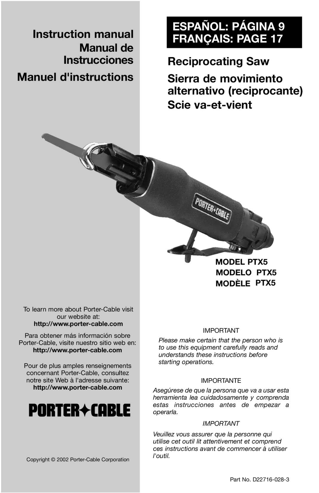 Porter-Cable PTX5 instruction manual Español Página Français 