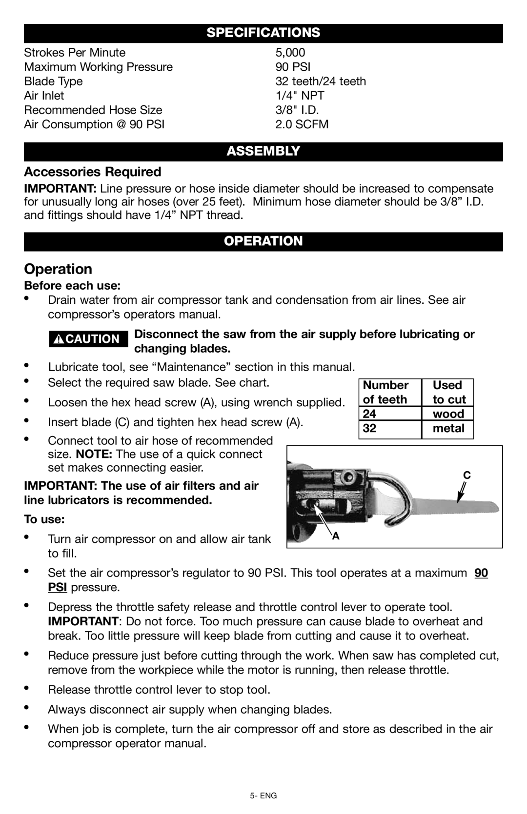 Porter-Cable PTX5 instruction manual Specifications, Assembly, Accessories Required, Operation, Before each use 