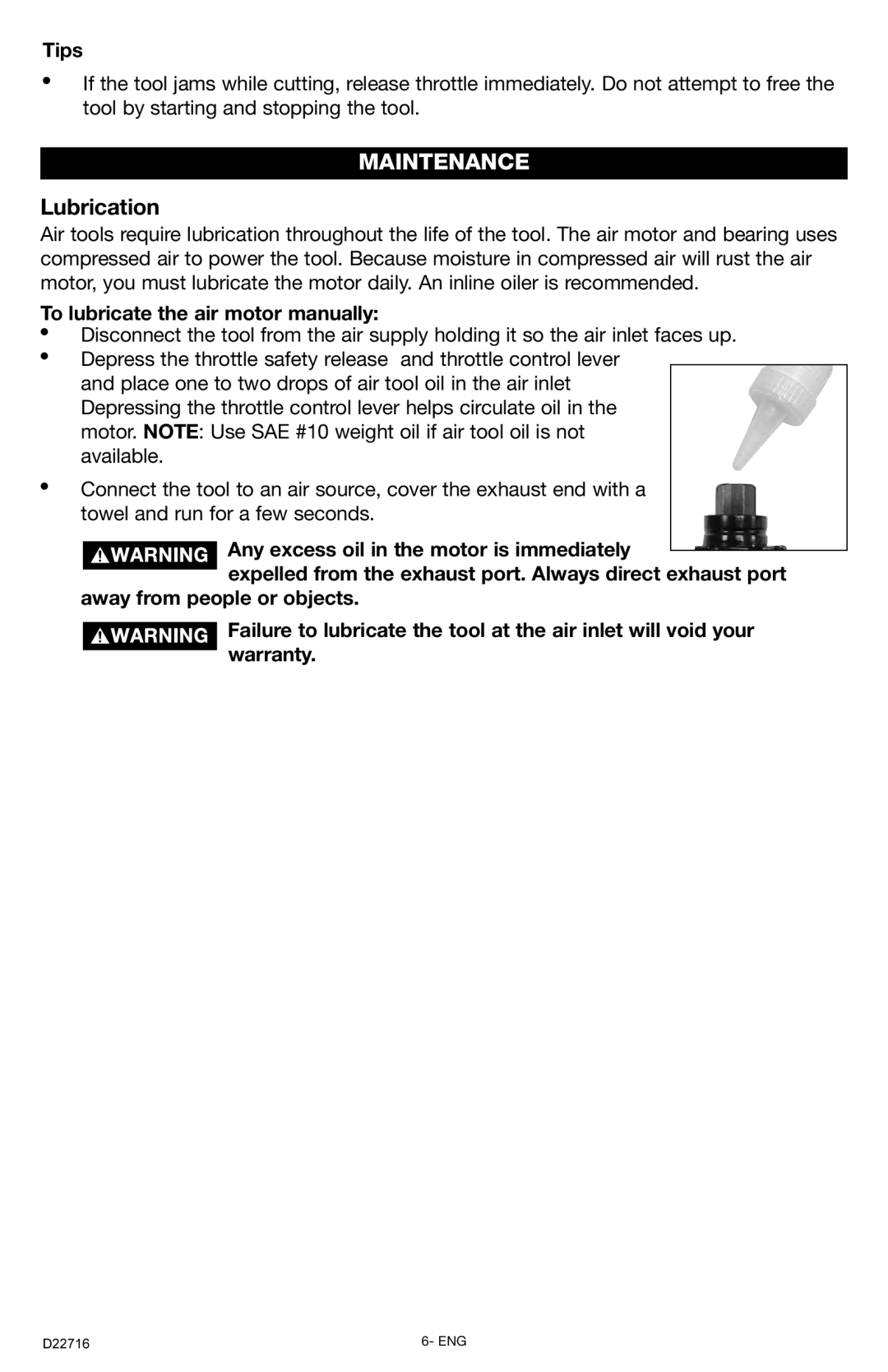 Porter-Cable PTX5 instruction manual Maintenance, Lubrication, Tips, To lubricate the air motor manually 