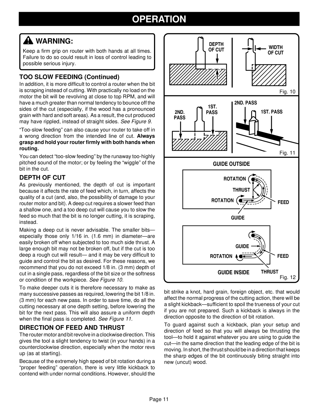 Porter-Cable R161 specifications Depth of CUT, Direction of Feed and Thrust, Guide Outside, Guide Inside 