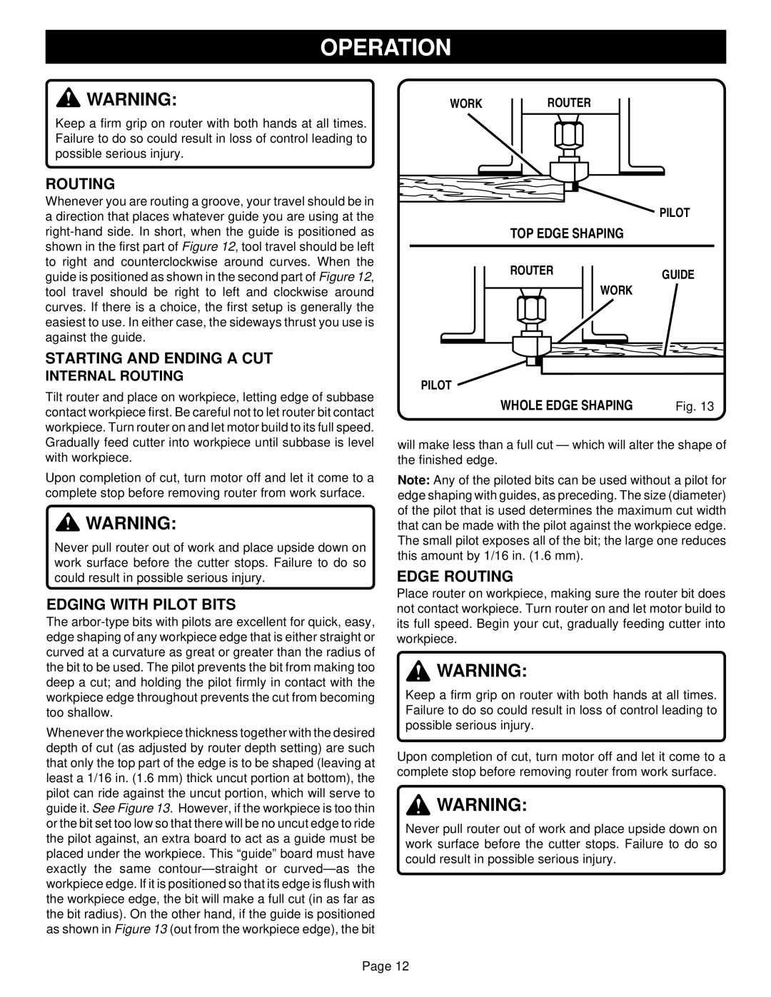 Porter-Cable R161 specifications Starting and Ending a CUT, Edging with Pilot Bits, Edge Routing 