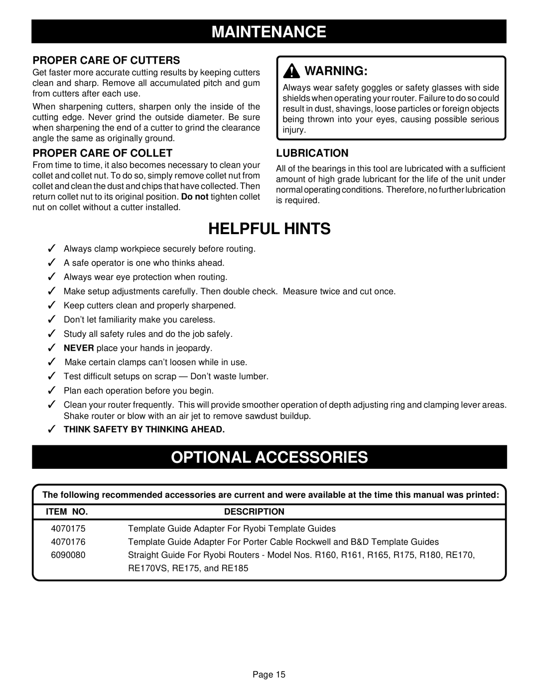 Porter-Cable R161 specifications Optional Accessories, Proper Care of Cutters, Proper Care of Collet, Lubrication 