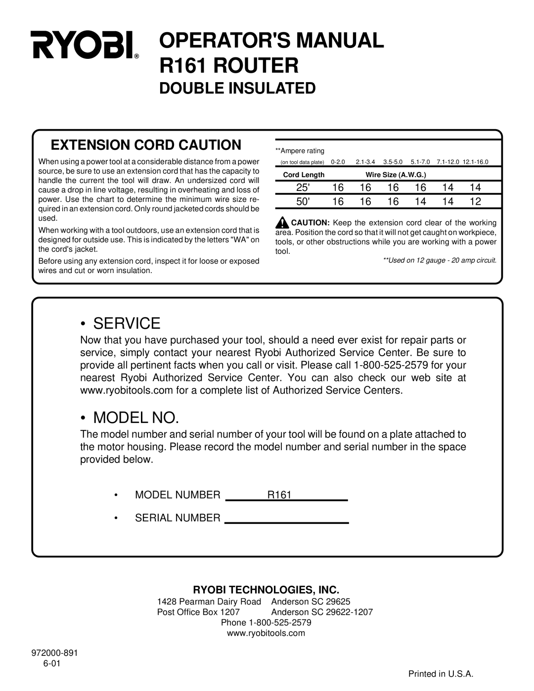 Porter-Cable R161 specifications Extension Cord Caution, Ryobi TECHNOLOGIES, INC 