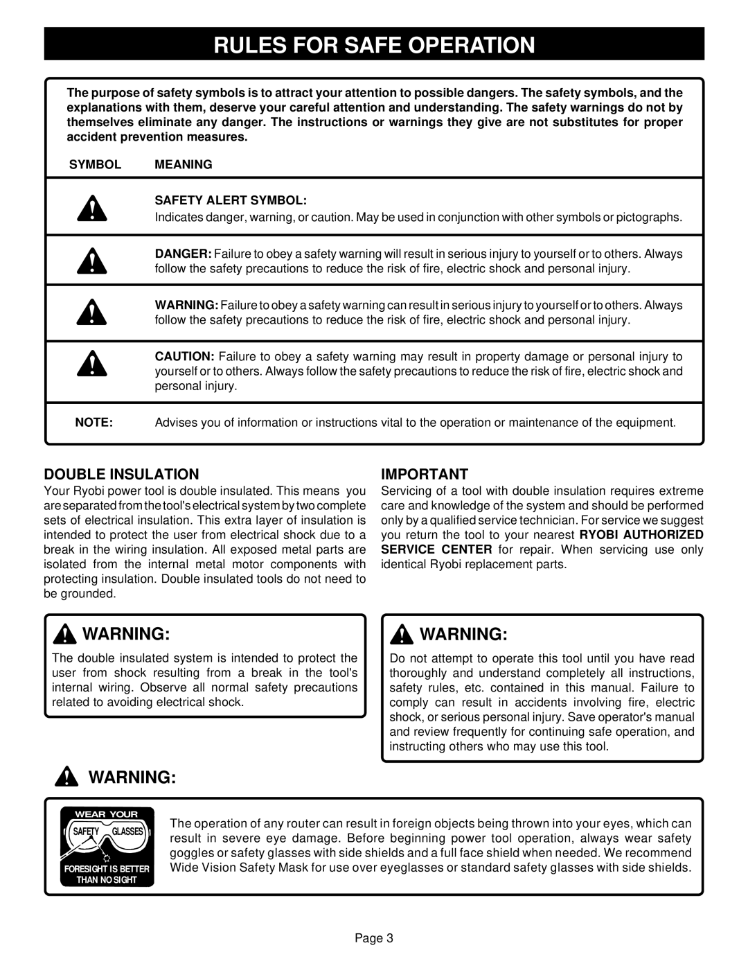 Porter-Cable R161 specifications Rules for Safe Operation, Double Insulation, Symbol Meaning Safety Alert Symbol 