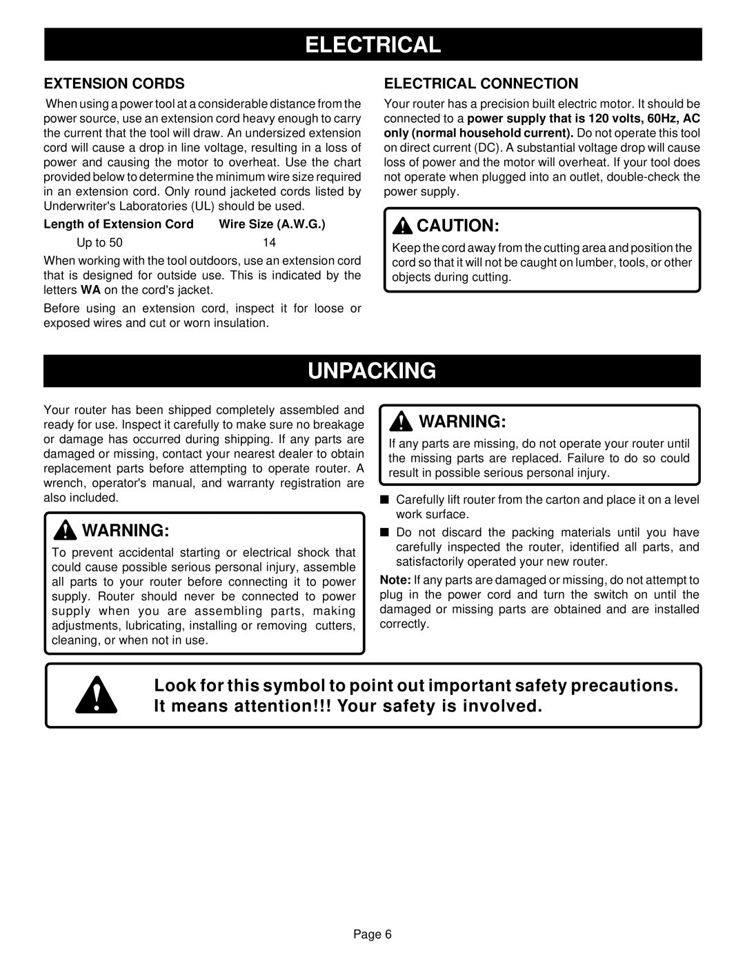 Porter-Cable R161 specifications Unpacking, Extension Cords, Electrical Connection 