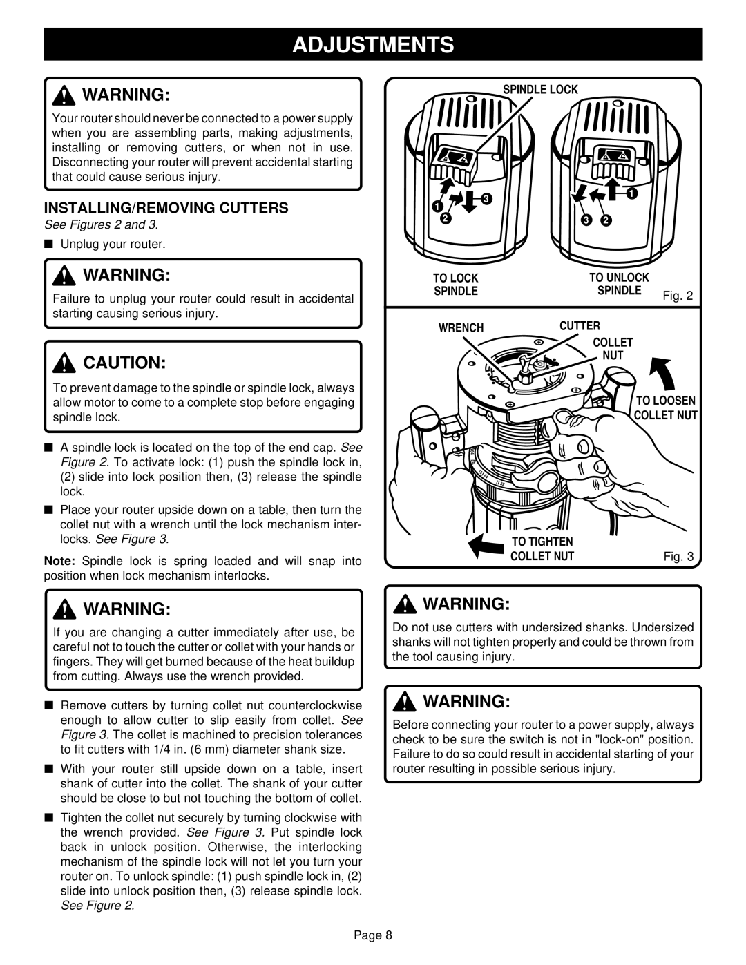 Porter-Cable R161 specifications Adjustments, INSTALLING/REMOVING Cutters 