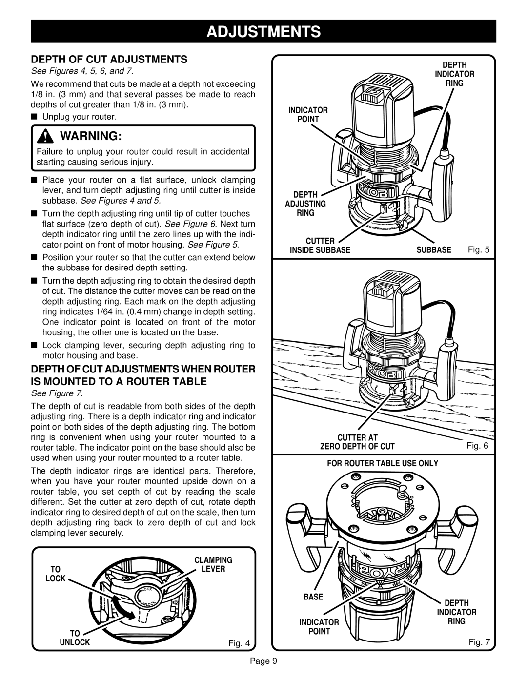 Porter-Cable R161 specifications Depth of CUT Adjustments 