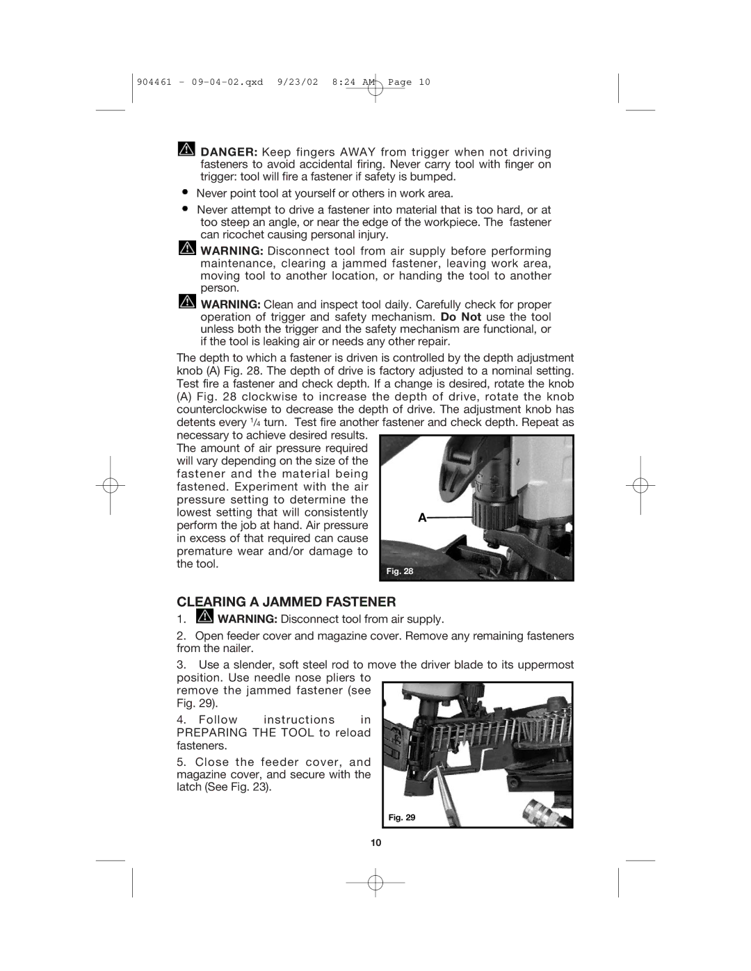 Porter-Cable RN175 instruction manual Clearing a Jammed Fastener 