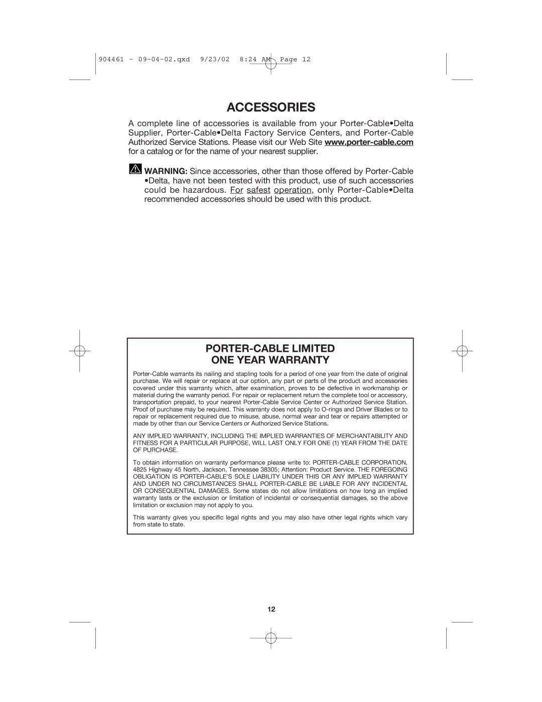 Porter-Cable RN175 instruction manual Accessories, PORTER-CABLE Limited ONE Year Warranty 