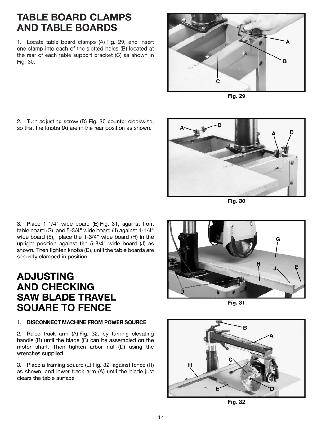 Porter-Cable RS830 Table Board Clamps and Table Boards, Adjusting Checking SAW Blade Travel Square to Fence 