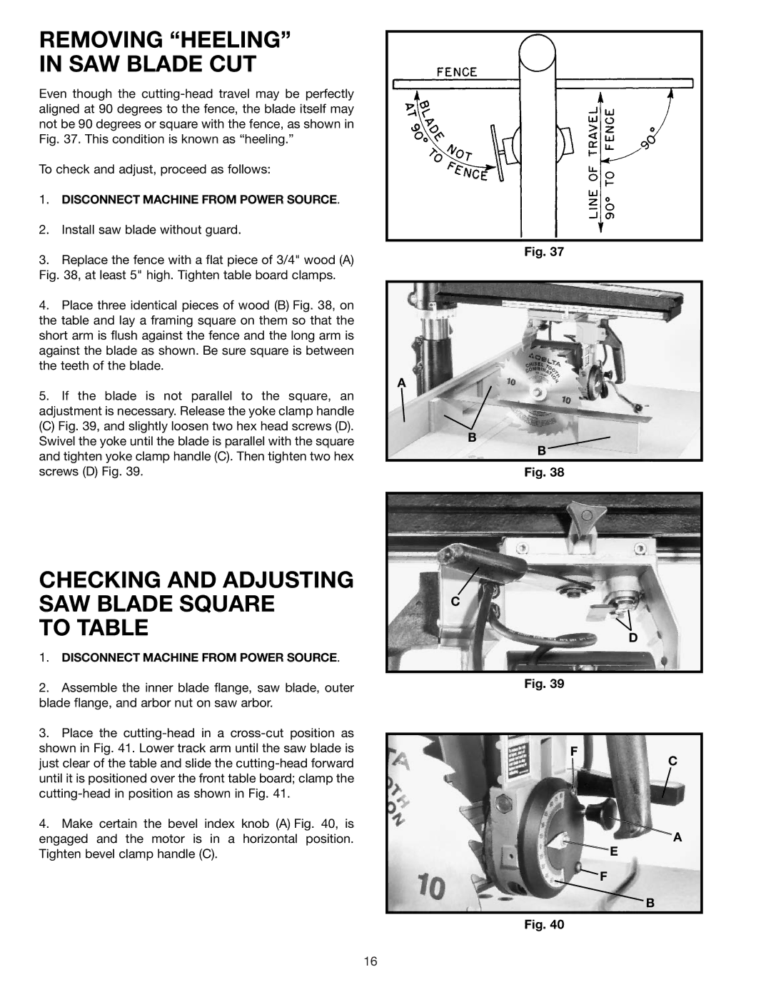 Porter-Cable RS830 instruction manual Removing Heeling in SAW Blade CUT, Checking and Adjusting SAW Blade Square To Table 