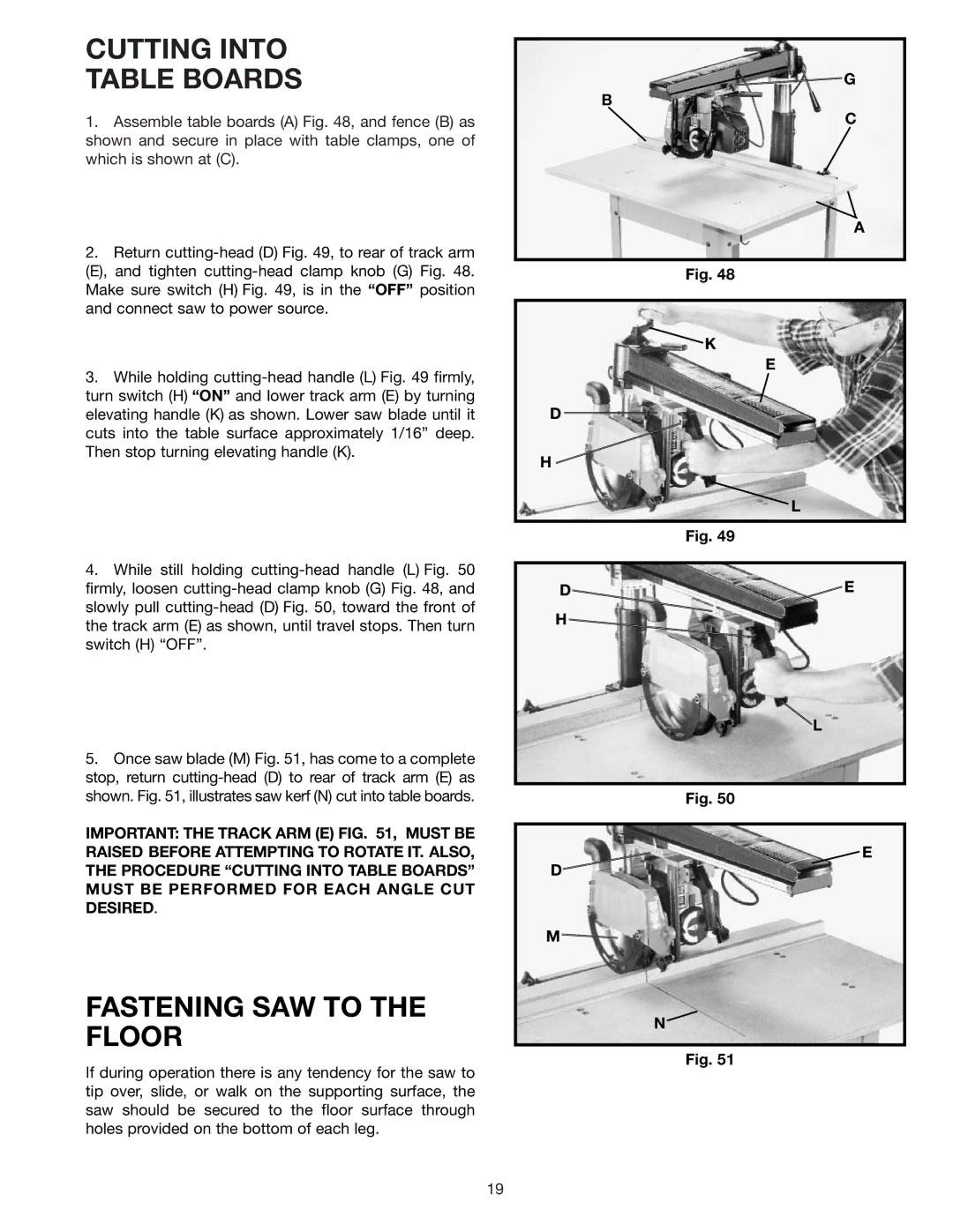 Porter-Cable RS830 instruction manual Cutting Into Table Boards, Fastening SAW to the Floor 