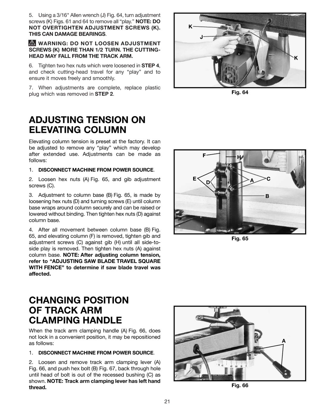 Porter-Cable RS830 instruction manual Adjusting Tension on Elevating Column, Changing Position of Track ARM Clamping Handle 