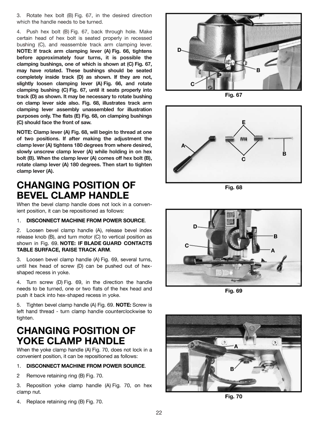 Porter-Cable RS830 instruction manual Changing Position of Bevel Clamp Handle, Changing Position of Yoke Clamp Handle 