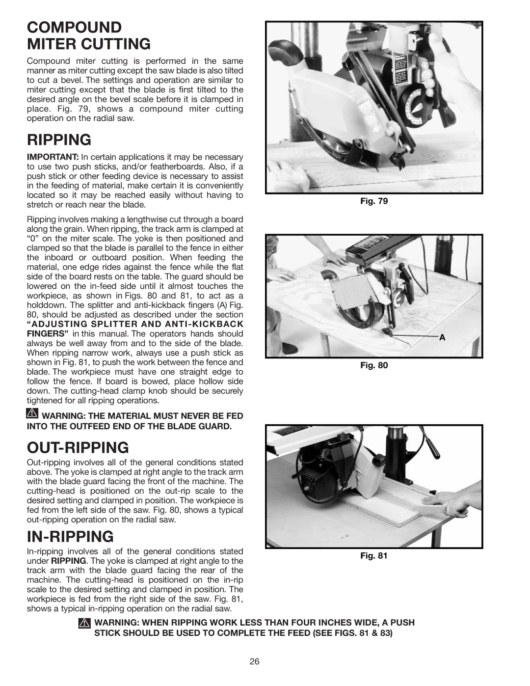 Porter-Cable RS830 instruction manual Compound Miter Cutting, Out-Ripping, In-Ripping 