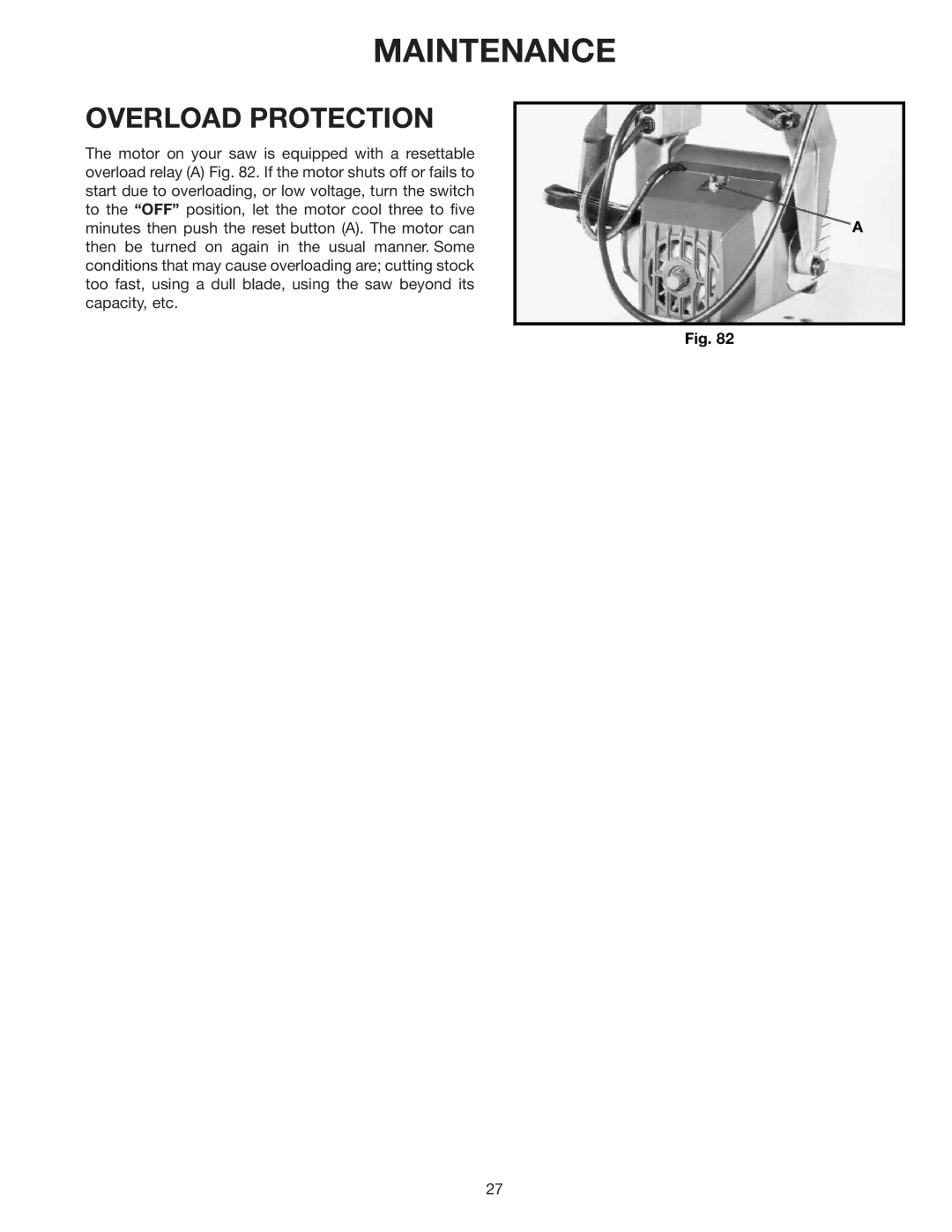 Porter-Cable RS830 instruction manual Maintenance, Overload Protection 