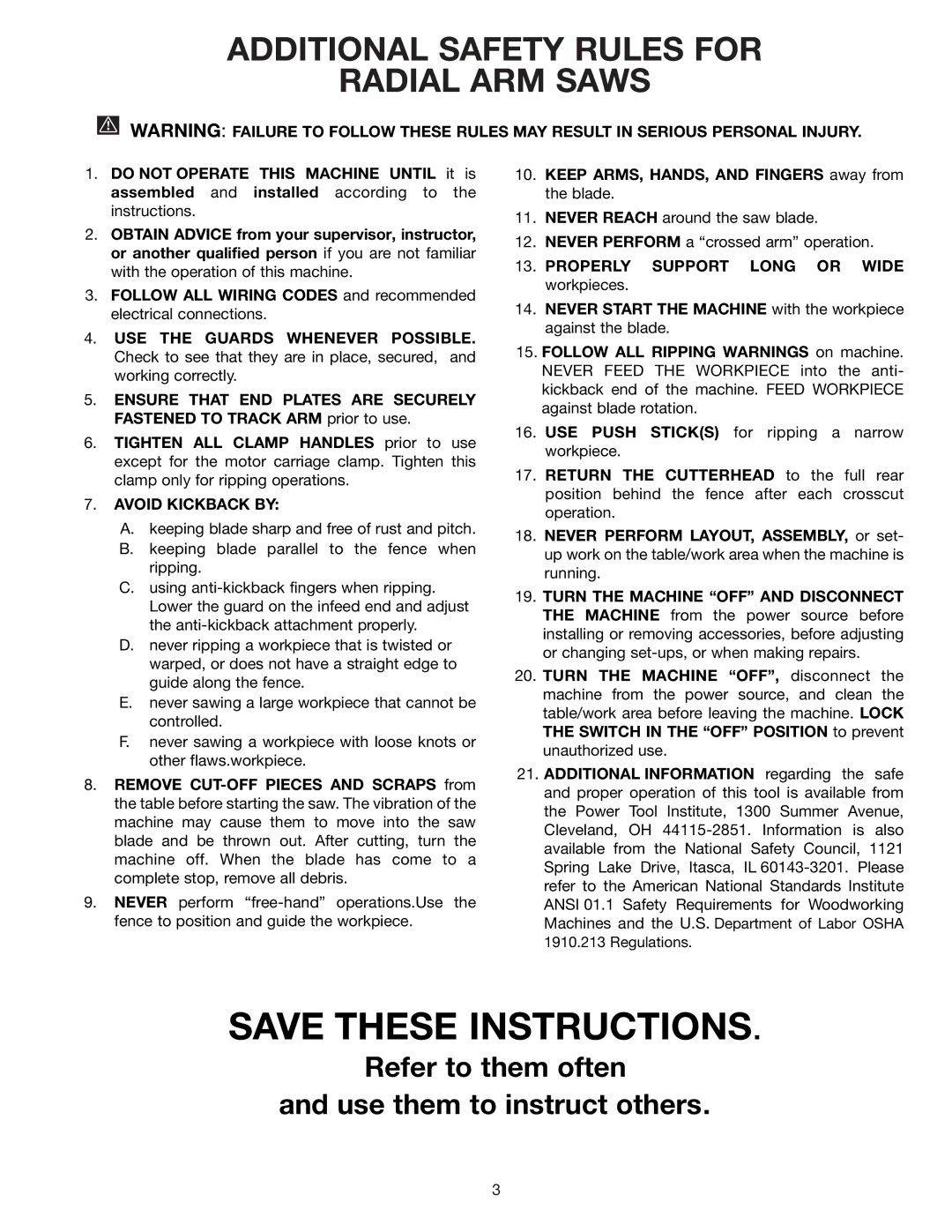 Porter-Cable RS830 instruction manual Additional Safety Rules for Radial ARM Saws, Avoid Kickback by 