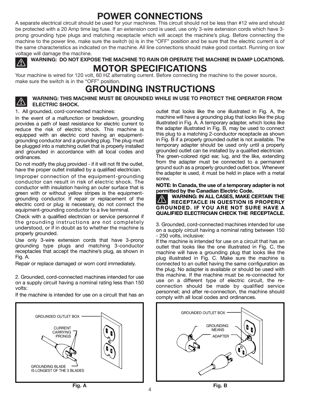 Porter-Cable RS830 instruction manual Power Connections, Motor Specifications, Grounding Instructions 