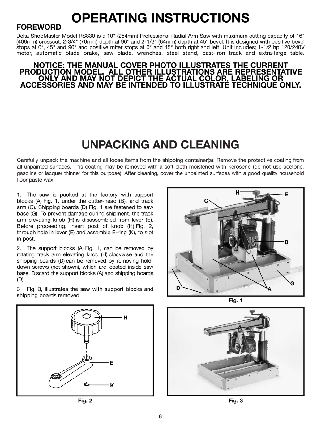 Porter-Cable RS830 instruction manual Operating Instructions, Unpacking and Cleaning 