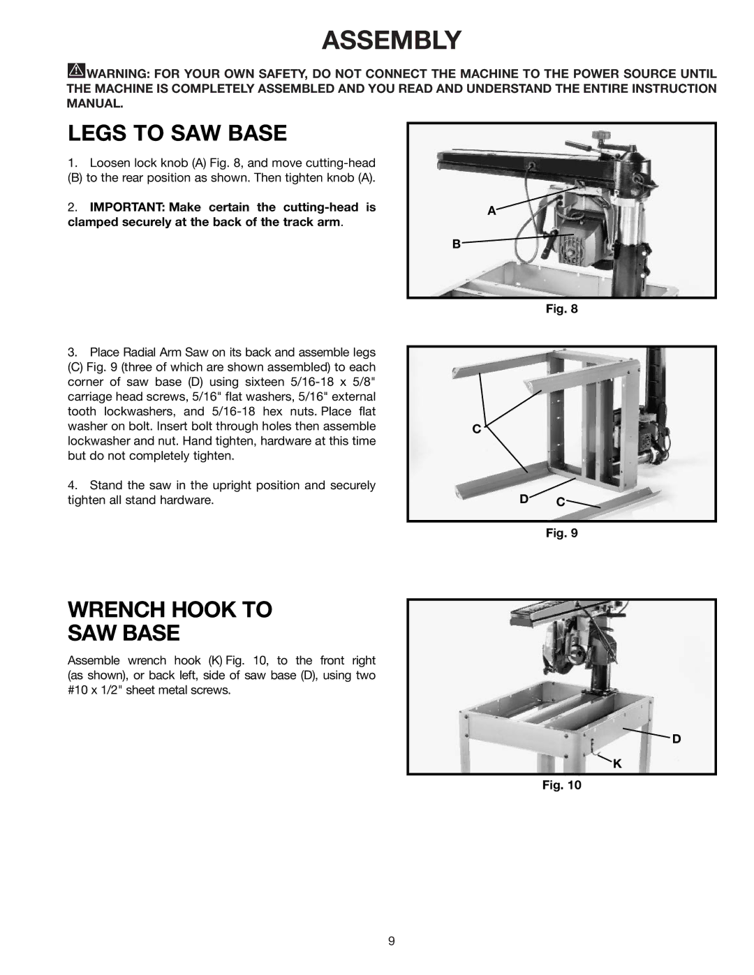 Porter-Cable RS830 instruction manual Assembly, Legs to SAW Base, Wrench Hook to SAW Base 