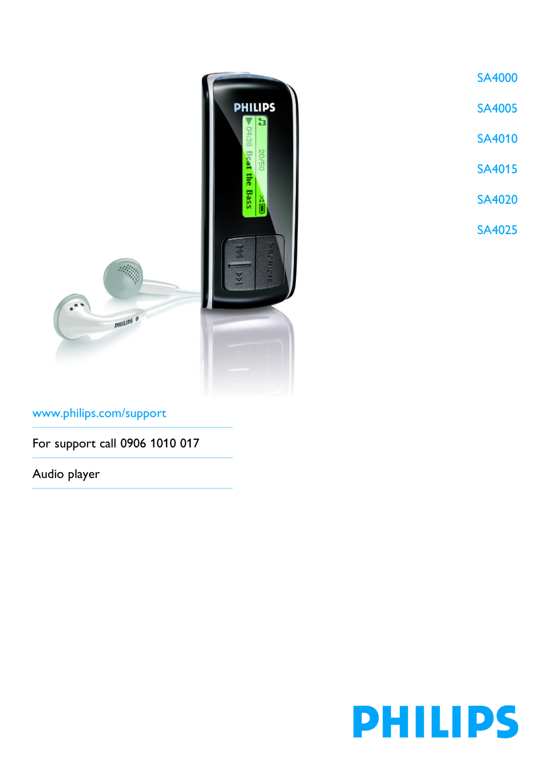 Porter-Cable SA 4000 manual SA4000 SA4005 SA4010 SA4015 SA4020 SA4025, For support call 0906 1010 Audio player 