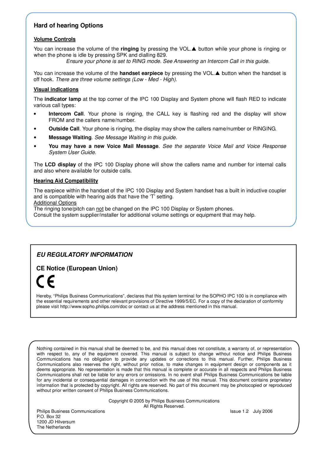 Porter-Cable SOPHO IPC 100 manual Hard of hearing Options, CE Notice European Union, Volume Controls, Visual indications 