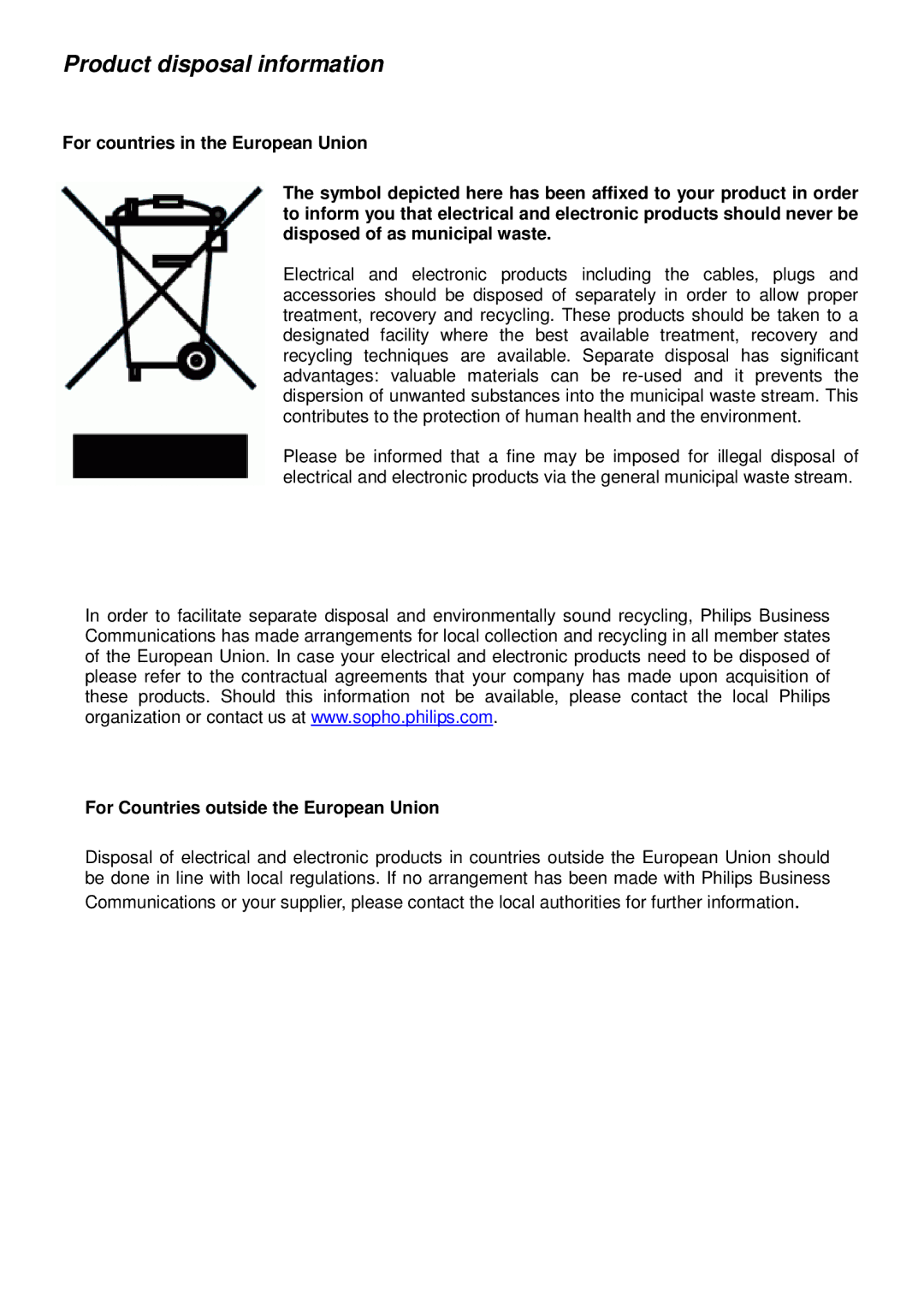 Porter-Cable SOPHO IPC 100 manual Product disposal information, For Countries outside the European Union 