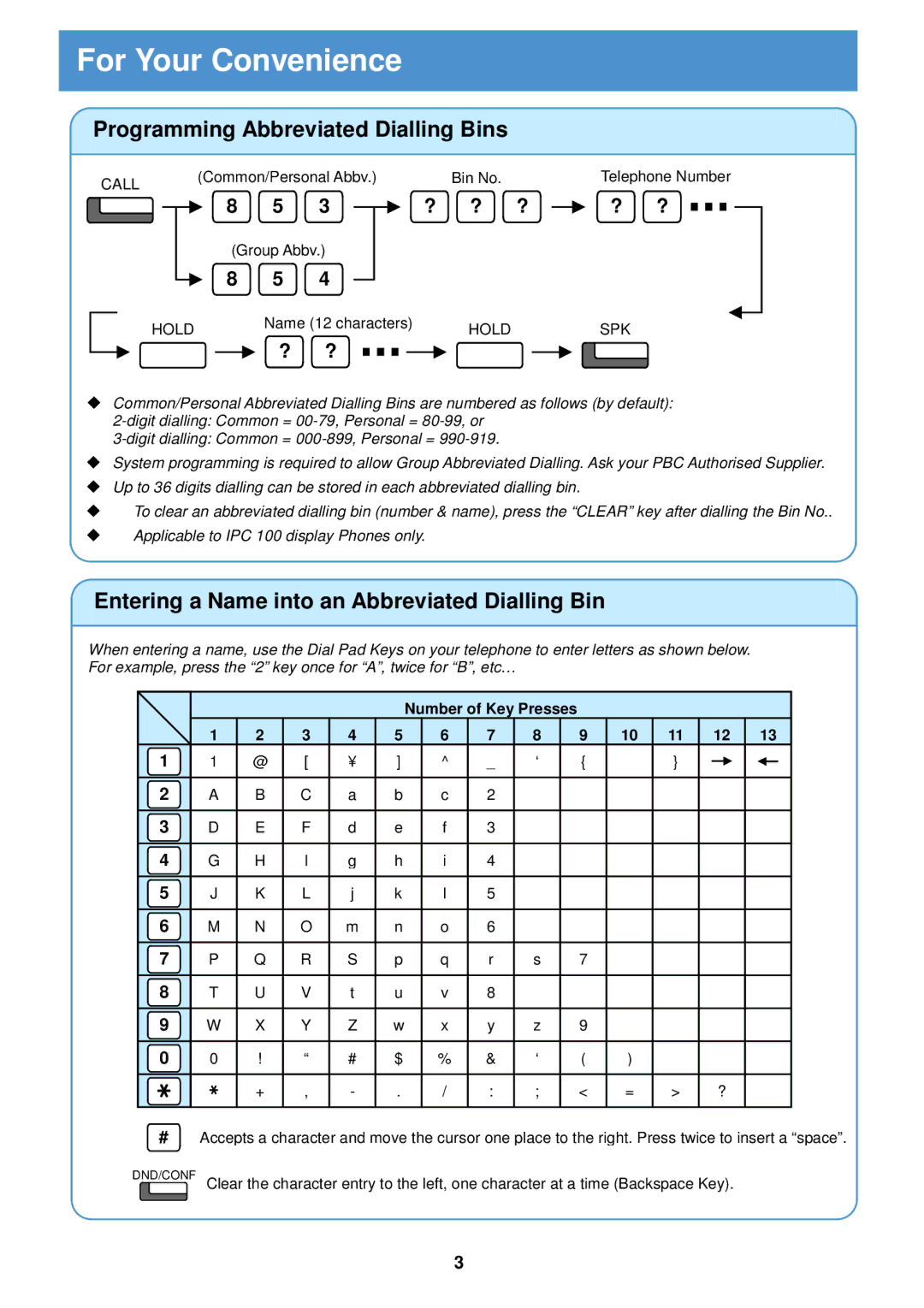 Porter-Cable SOPHO IPC 100 manual Programming Abbreviated Dialling Bins, Entering a Name into an Abbreviated Dialling Bin 