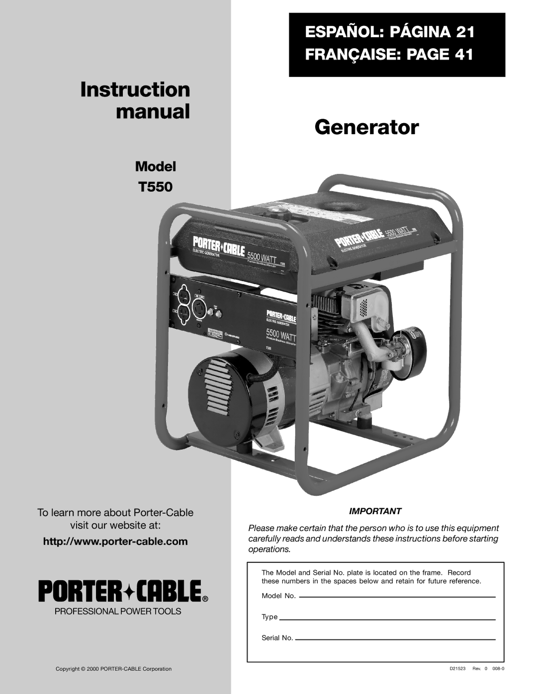 Porter-Cable T550 instruction manual Instruction Manual Generator 